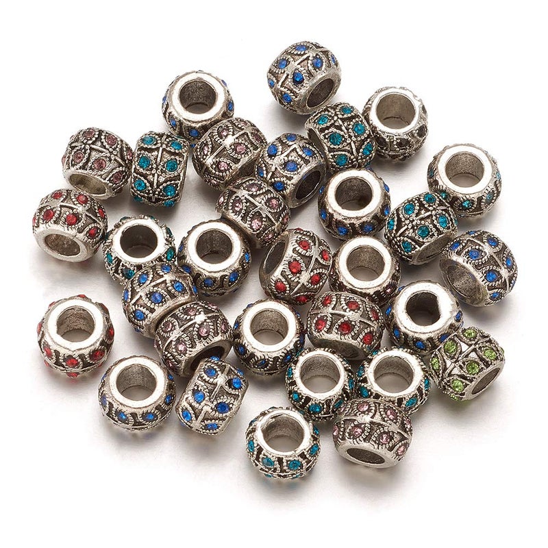 Kissitty 50-Piece 9x7mm Antique Silver Plated Large Hole Rondelle with Leaf Pattern European Rhinestone Beads Random Mixed Color for DIY Jewelry Making - Image 1